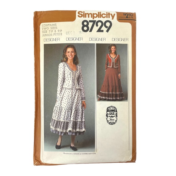 Simplicity 8729 Gunne Sax Sewing Pattern Junior 1978 Cottage Prairie Dress - Picture 1 of 3